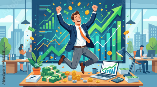 A jubilant businessman jumps for joy in a modern office setting, surrounded by stacks of money, rising stock charts, and falling confetti, symbolizing financial achievement and prosperity.