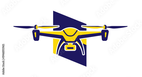 Yellow and dark blue modern drone flying with propellers, isolated white background.