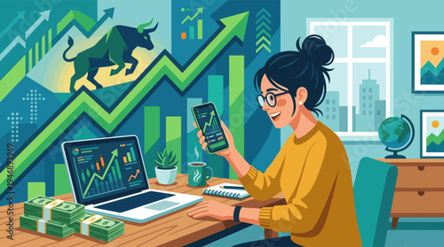 A woman with glasses smiles while checking stock market data on her smartphone and laptop, surrounded by money, graphs, and a bull symbol representing financial growth.