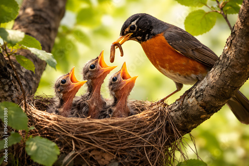 A robin bird feeding its hungry chicks in a nest on a tree branch
