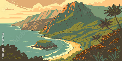 Napali Coast Dramatic Cliffs Ocean Sunset Panorama – Tropical Wilderness Scenery in the USA, United States, U.S., US