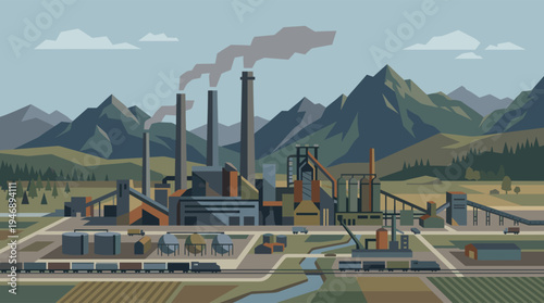 A stylized, flat illustration depicts a sprawling industrial complex with smokestacks emitting smoke, set against a backdrop of geometric mountains and a pale sky.