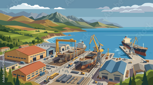 A sprawling shipyard with ships under construction and repair is nestled beside a tranquil ocean and rolling green mountains under a cloudy sky.