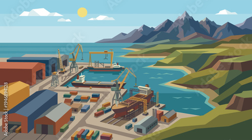 A vibrant, geometric illustration depicts a busy shipyard on a sunny day, featuring ships under construction, towering cranes, and warehouses against a backdrop of rolling green hills.