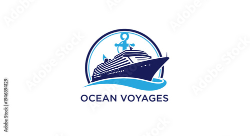 Ocean voyages logo with cruise ship and anchor in a circular frame on isolated white background.