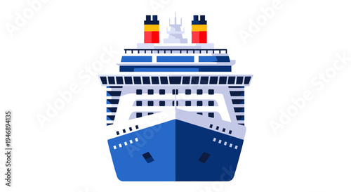 Front view of a blue and white cruise ship with red funnels on isolated white background.