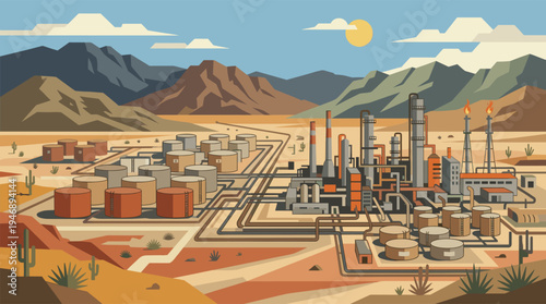 A stylized illustration of a desert oil refinery complex with storage tanks, pipelines, and flares under a clear blue sky and distant mountains.