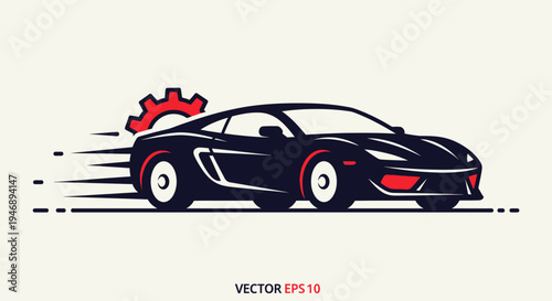 Dynamic black sports car logo with red gear speeding on a bright studio background.