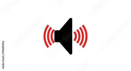 Black speaker icon with red sound waves indicating volume on isolated white background.