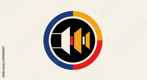 Abstract speaker or volume icon with sound bars inside a multi-colored circle, symbolizing audio and media, on a light beige background.