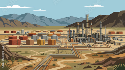 A stylized, flat illustration depicts a vast industrial oil refinery complex with numerous storage tanks and pipelines set against a backdrop of desert mountains under a pale blue sky.