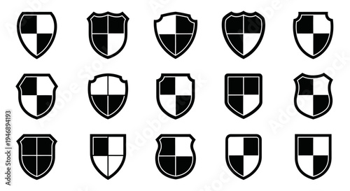Collection of twelve black and white shield icons with diverse patterns, symbolizing protection, security, and defense on an isolated white background.