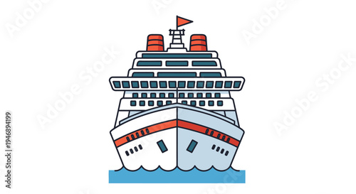 Colorful cartoon cruise ship with a red flag from a front view, symbolizing luxurious sea travel and vacation, isolated white background.