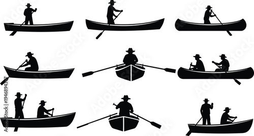 Collection of rowing and paddling silhouettes showing people in boats with oars and hats in various positions and configurations