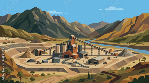 An aerial view of an industrial open-pit mine nestled in a mountainous landscape, featuring a processing plant, conveyor belts, trucks, and a river.