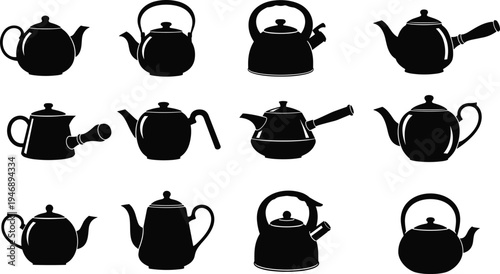 Collection of teapot and kettle silhouettes in various designs with unique spouts, handles, and body shapes vector illustration set