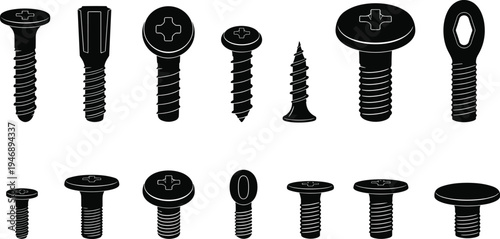 Collection of screw and bolt silhouettes, mechanical fastener vector illustrations for construction, hardware design, DIY projects, and engineering use