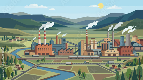 A stylized flat illustration depicts a busy industrial factory with smoking chimneys situated in a valley with mountains and transportation elements like trucks and a train.