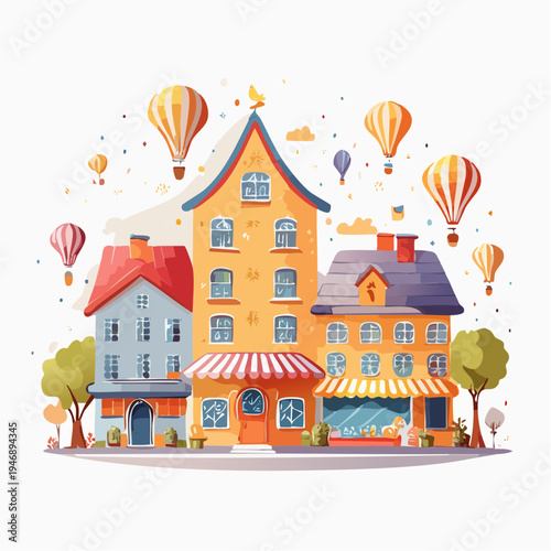 Charming European cityscape with hot air balloons floating above whimsical buildings