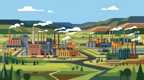 Flat illustration of a sprawling industrial complex with factories, smokestacks emitting smoke, and trucks on roads against a backdrop of rolling hills and a blue sky.