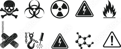 Collection of ten black and white hazard warning symbols including toxic, biohazard, radiation, electrical, flammable, chemical, and general caution icons.