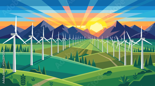 Stylized illustration of a wind farm in rolling green hills with purple mountains and a vibrant sunrise sky, evoking clean energy and natural beauty.