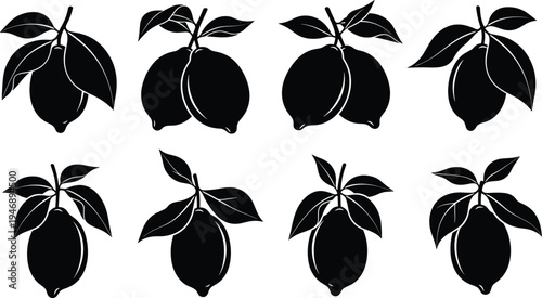 Collection of lemon fruit silhouettes with leaves, citrus vector illustrations for food design, nature art, farming, and nutrition projects