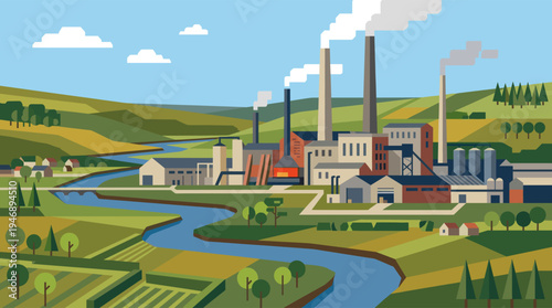 A large industrial factory complex emits smoke from its stacks, set against a pastoral landscape of green rolling hills, a winding river, and a small village.