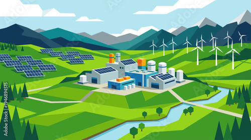 A modern factory in a lush mountain landscape is powered by clean, renewable energy from solar panels and wind turbines, symbolizing sustainability and eco-friendly industry.