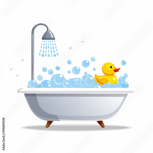 Adorable rubber ducky floating in a bubble-filled bathtub under a shower