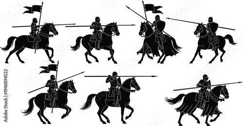 Collection of medieval knight silhouettes on horseback with lances, shields, flags, and armor in dynamic battle poses vector illustration