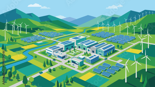 A vector illustration of a modern eco-friendly industrial park in a green valley, powered by renewable energy sources like solar panels and wind turbines on the hills.