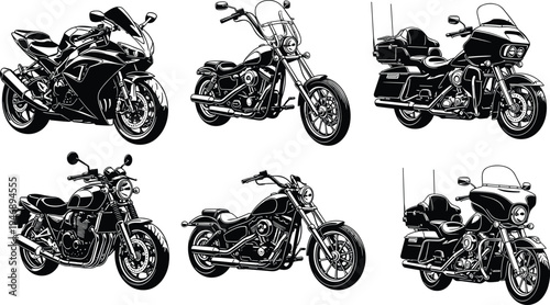 Collection of motorcycle silhouettes including sport bike, cruiser, touring bike, naked bike, and diverse motorbike designs in vector illustration