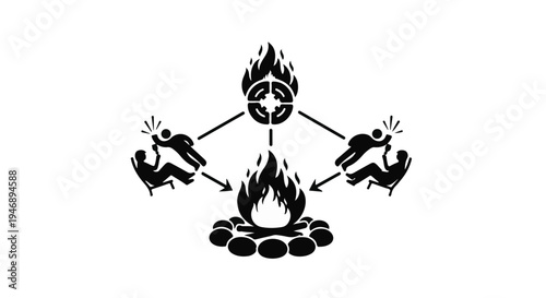 black illustration of people jumping over campfire in circle