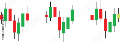 Financial candlestick chart patterns showing bullish and bearish price movements, trading analysis, market trends, investment signals, black and white vector illustration