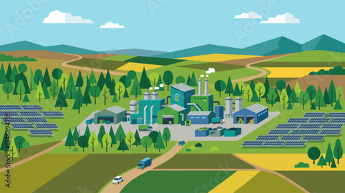 Vector illustration of an eco-friendly factory with solar panels, showcasing sustainable industry and renewable energy in a green rural landscape.