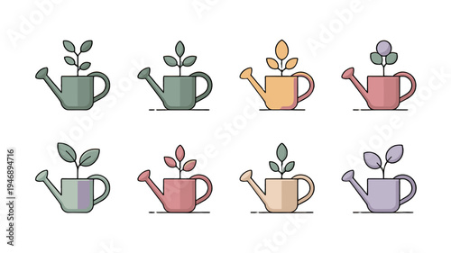 Collection of Eight Colorful Watering Cans with Growing Plants.