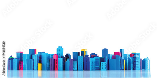 Abstract colorful background featuring a 3d people team and silhouettes of a blue city skyline with urban skyscrapers for a business concept illustration