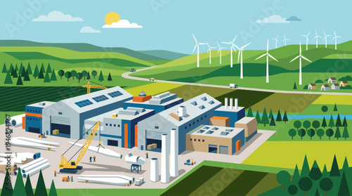 Vector illustration of a wind turbine factory with solar panels, assembling blades in a green landscape with a wind farm on distant hills.