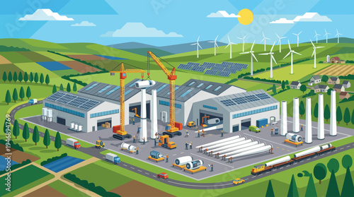 An isometric vector illustration of a wind turbine factory showing the manufacturing and assembly process in a sustainable rural landscape with solar panels and a wind farm.