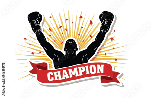 Champion Boxer Gloves Raised in Victory Celebration Silhouette, Winning Athlete Triumph Vector Sticker, Sports Success and Glory Illustration