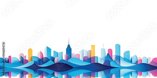 Abstract vector background featuring a colorful cityscape skyline with blue 3d skyscrapers and urban business buildings in a modern downtown metropolis design
