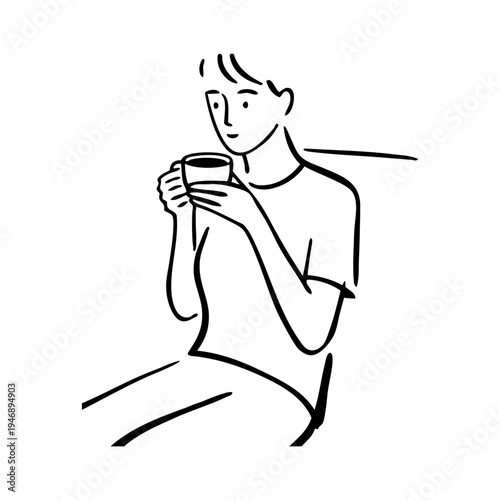 Dibujo sencillo con líneas de una mujer con ropa informal sentada sujetando una taza de café con ambas manos 