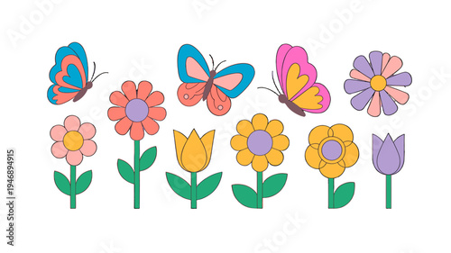 Whimsical butterflies fluttering around colorful flowers.