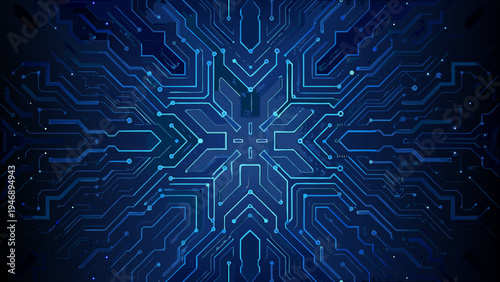 Abstract digital circuit board pattern with glowing blue lines on black