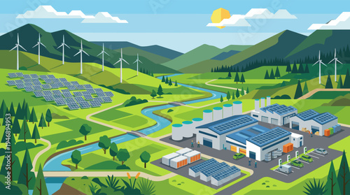 A sustainable industrial plant generates clean power from solar panels and wind turbines, harmonizing technology with a green mountain landscape and electric vehicles.