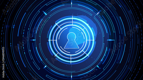 Digital security concept with a glowing padlock and circular data streams
