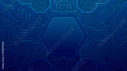 Abstract blue circuit board pattern with a central hexagonal shape