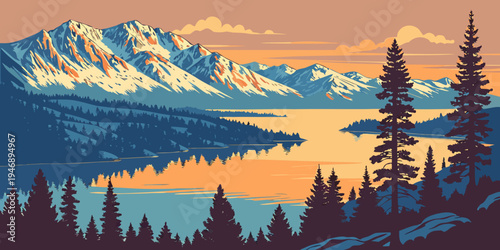 Lake Tahoe Crystal Blue Lake Sunrise Panorama – Snowy Mountain Reflections in the USA, United States, U.S., US