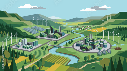 A sustainable factory powered by renewable sources like wind turbines and solar panels, integrated harmoniously into a lush green valley landscape.